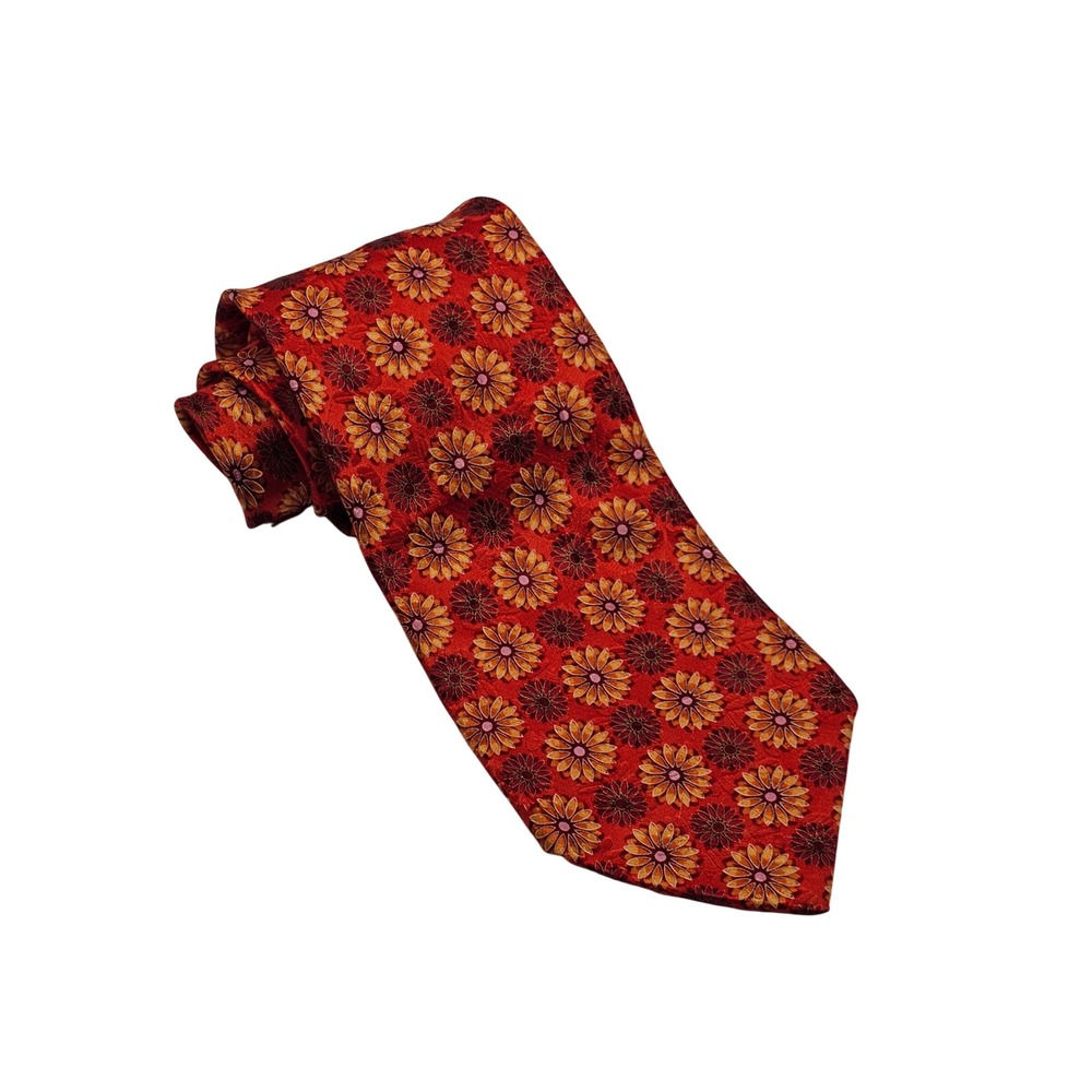 Ermenegildo Zegna Silk Tie Orange Floral Daisy Italy Luxury‎ Designer Office 90s